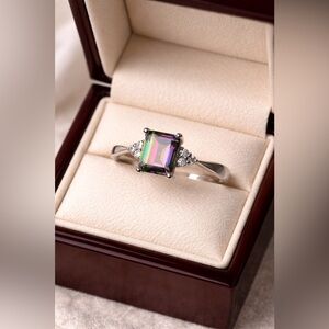 ✅🌹Princess Cut Mystic Rainbow Topaz Silver Ring.